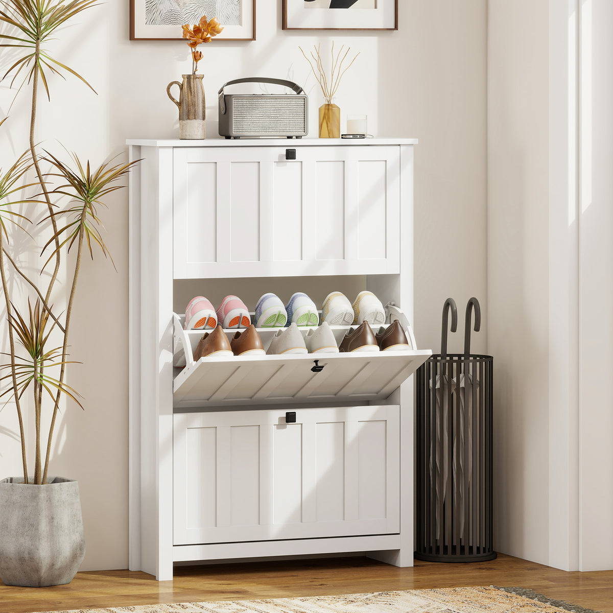 Slim Shoe Cabinet - 3 Flip Drawers 18-Pair White-Home Furnishings > Storage & Organization > Shoe Storage Cabinets & Racks-DECOROLALA
