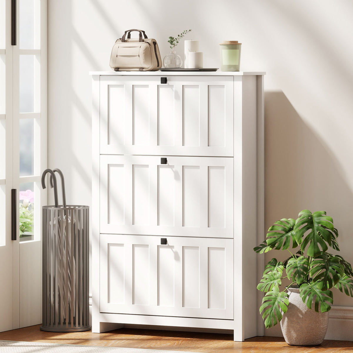 Slim Shoe Cabinet - 3 Flip Drawers 18-Pair White-Home Furnishings > Storage & Organization > Shoe Storage Cabinets & Racks-DECOROLALA