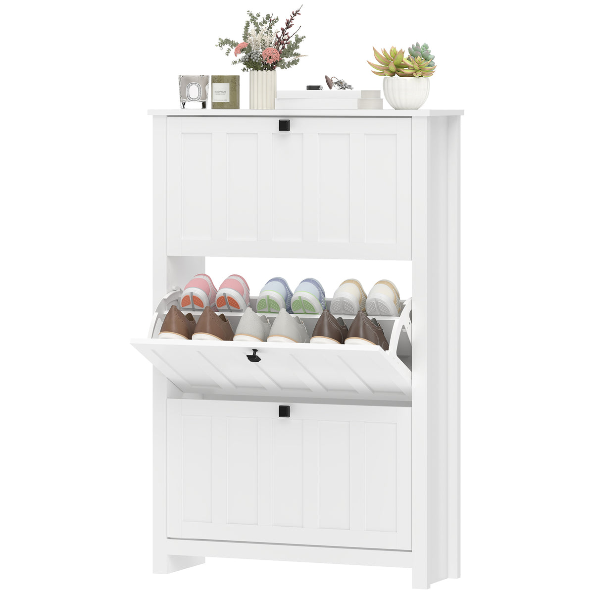 Slim Shoe Cabinet - 3 Flip Drawers 18-Pair White-Home Furnishings > Storage & Organization > Shoe Storage Cabinets & Racks-DECOROLALA