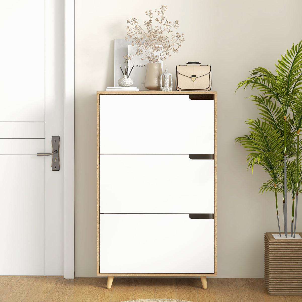 Slim Shoe Cabinet - 3 Flip Drawers White 24-Pair Capacity-Home Furnishings > Storage & Organization > Shoe Storage Cabinets & Racks-DECOROLALA