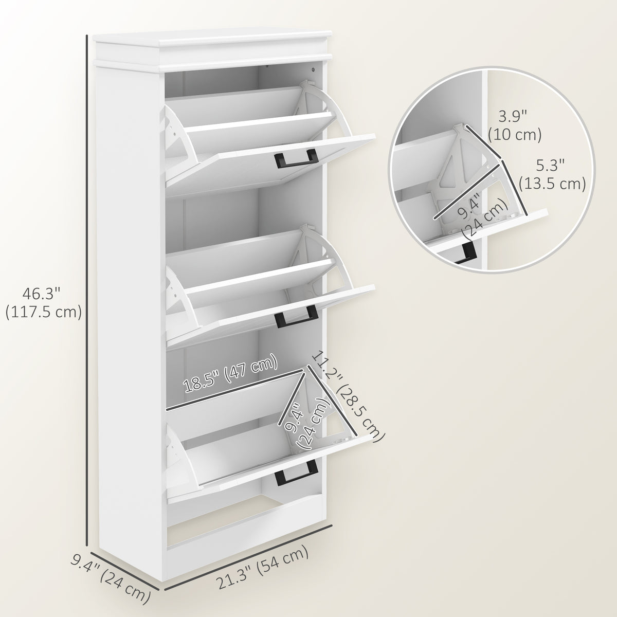 Slim Shoe Cabinet - 3 Flip Drawers White MDF 46"H-Home Furnishings > Storage & Organization > Shoe Storage Cabinets & Racks-DECOROLALA