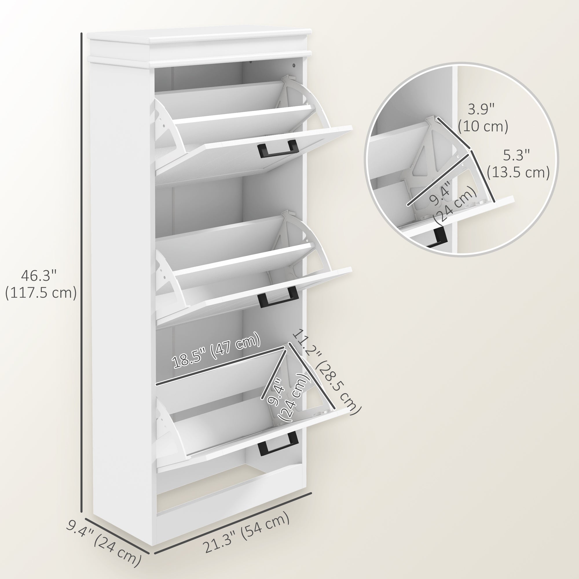 Slim Shoe Cabinet - 3 Flip Drawers White MDF 46"H-Home Furnishings > Storage & Organization > Shoe Storage Cabinets & Racks-DECOROLALA