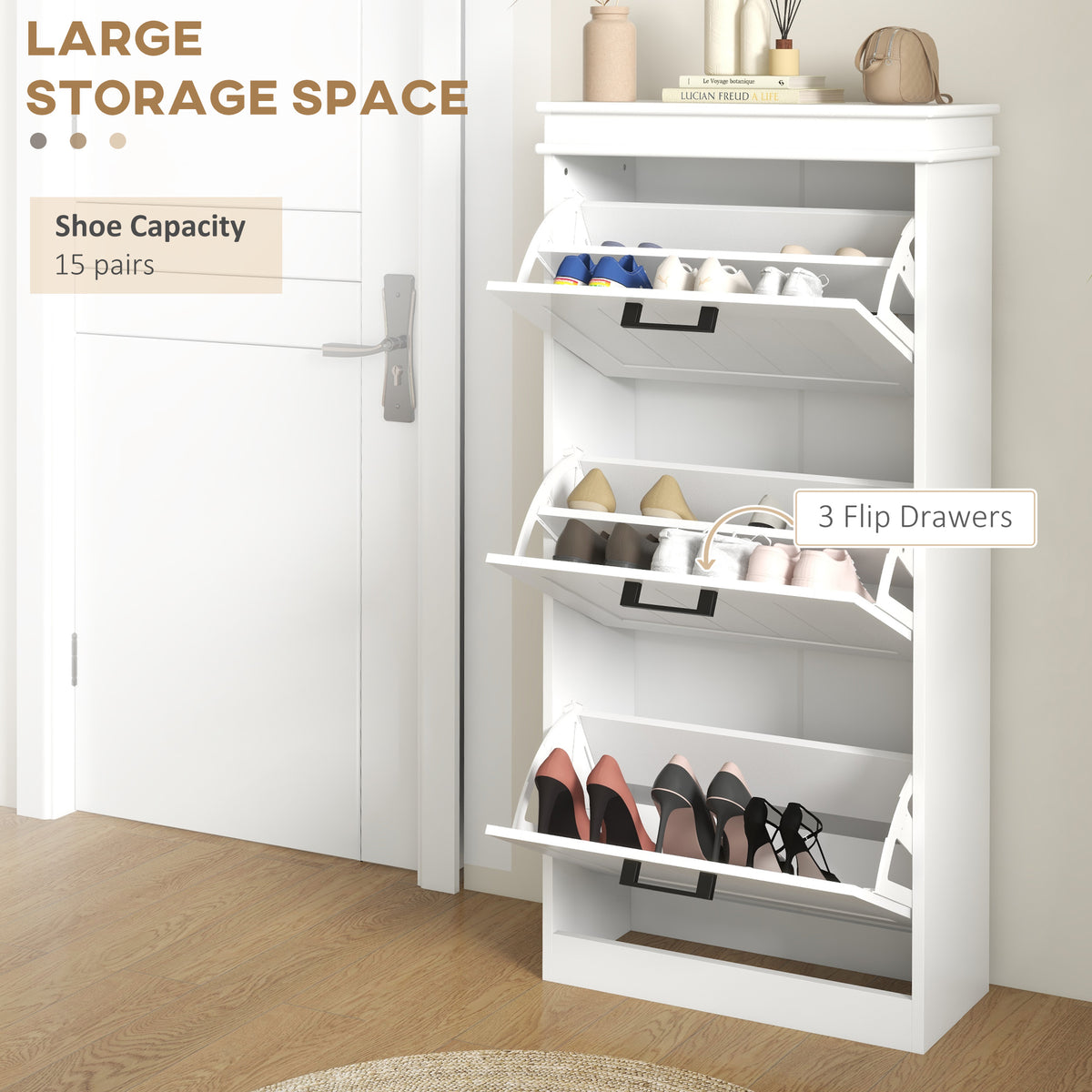 Slim Shoe Cabinet - 3 Flip Drawers White MDF 46"H-Home Furnishings > Storage & Organization > Shoe Storage Cabinets & Racks-DECOROLALA