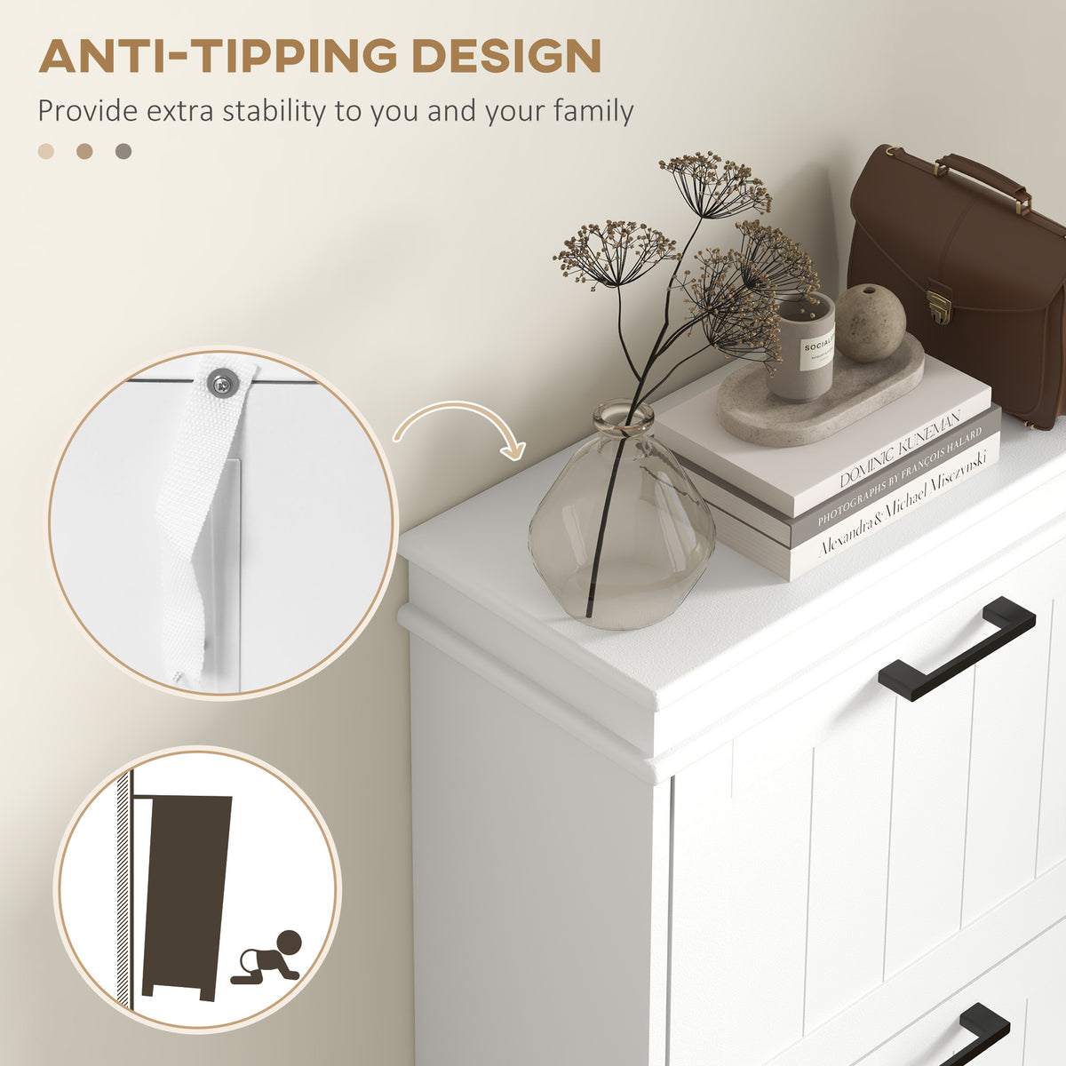 Slim Shoe Cabinet - 3 Flip Drawers White MDF 46"H-Home Furnishings > Storage & Organization > Shoe Storage Cabinets & Racks-DECOROLALA