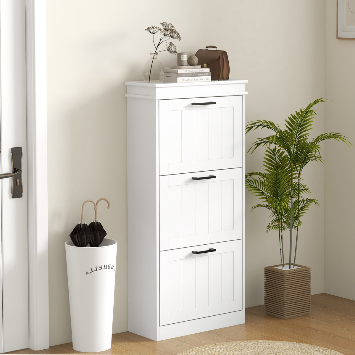 Slim Shoe Cabinet - 3 Flip Drawers White MDF 46"H-Home Furnishings > Storage & Organization > Shoe Storage Cabinets & Racks-DECOROLALA