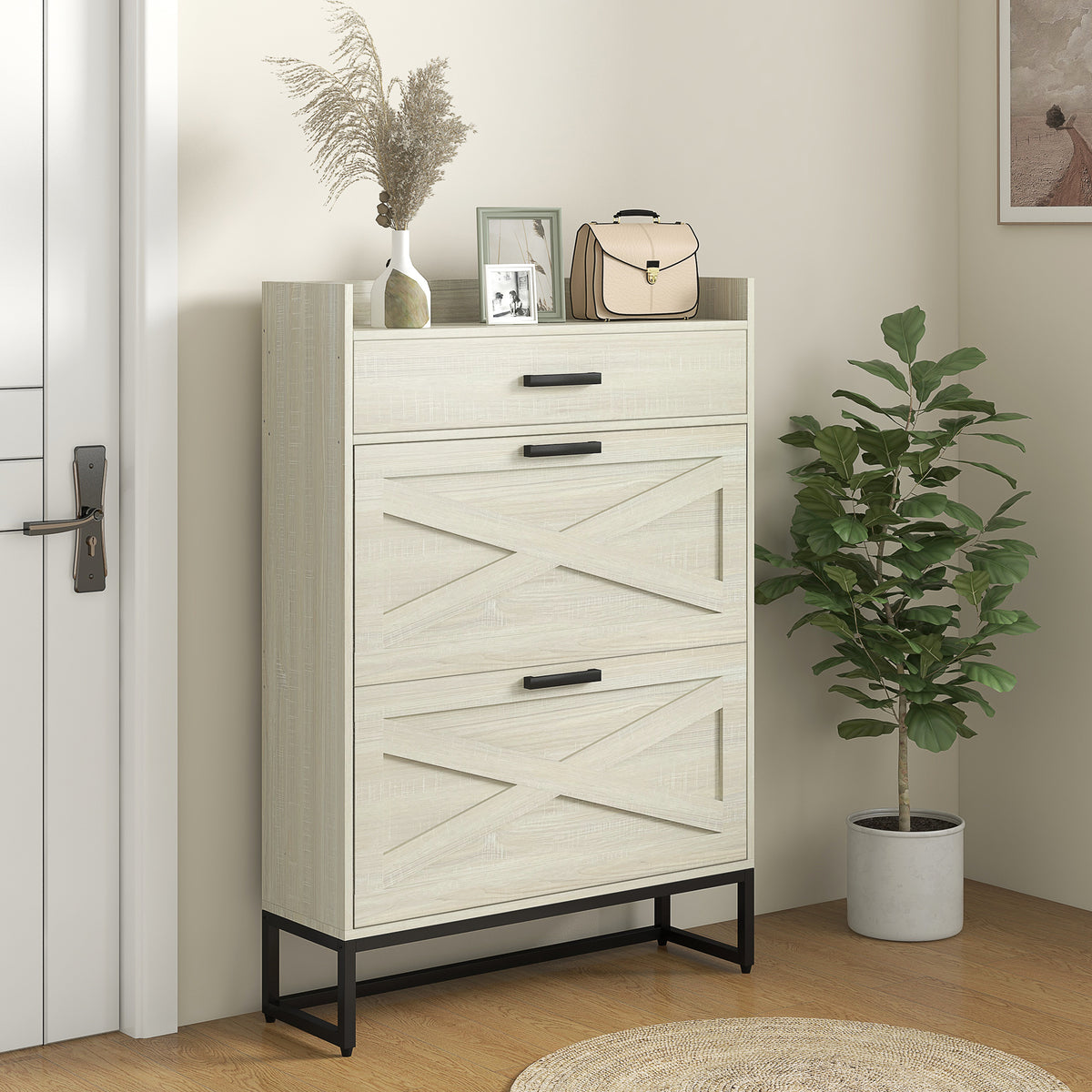 Slim Shoe Cabinet - Distressed White 12 Pair Organizer-Home Furnishings > Storage & Organization > Shoe Storage Cabinets & Racks-DECOROLALA
