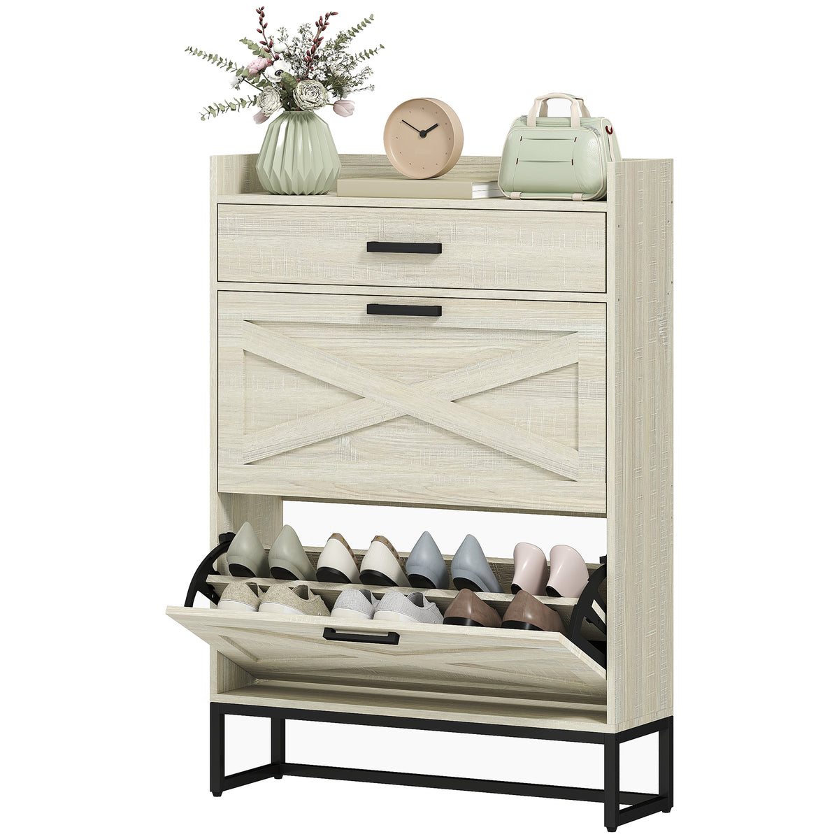 Slim Shoe Cabinet - Distressed White 12 Pair Organizer-Home Furnishings > Storage & Organization > Shoe Storage Cabinets & Racks-DECOROLALA