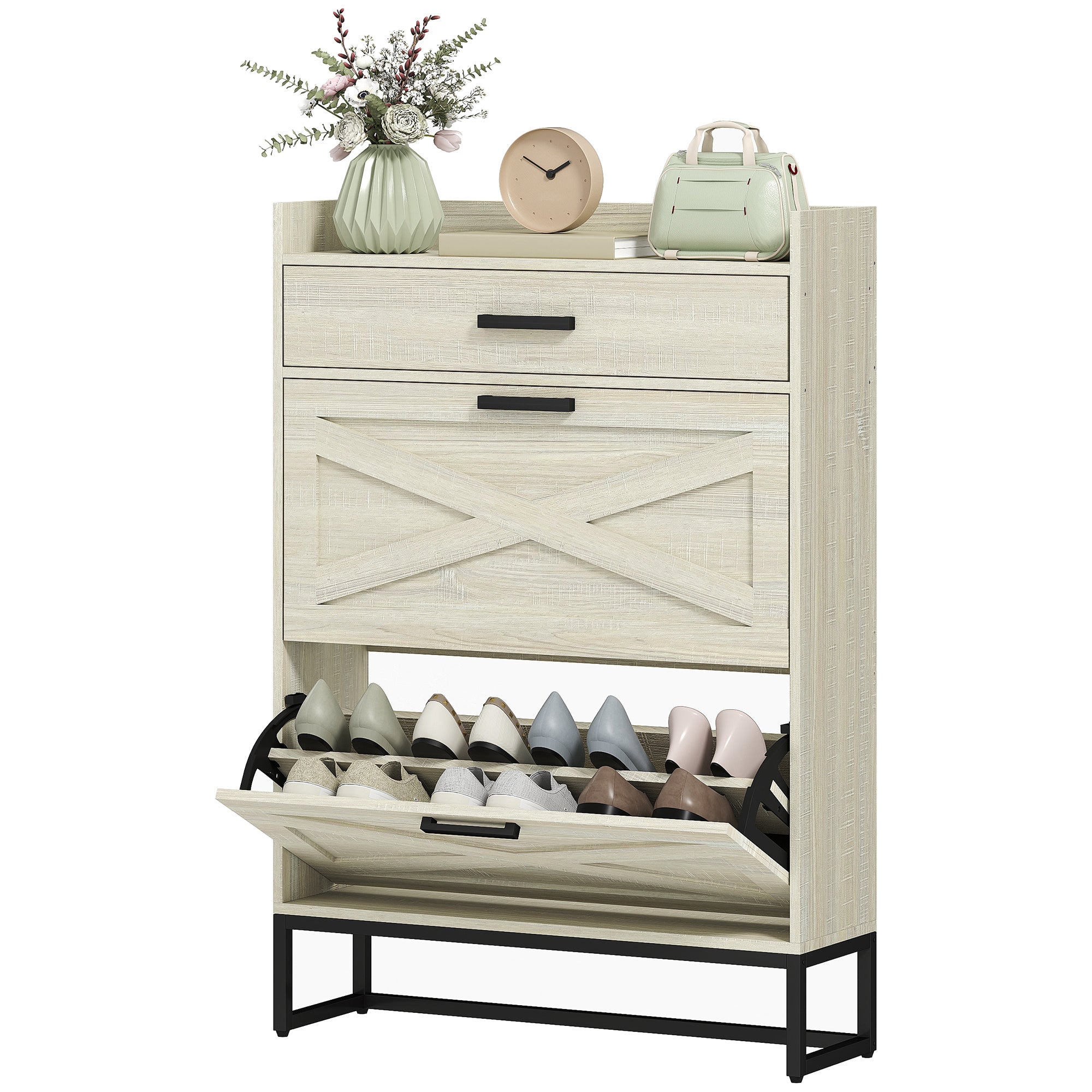 Slim Shoe Cabinet - Distressed White 12 Pair Organizer-Home Furnishings > Storage & Organization > Shoe Storage Cabinets & Racks-DECOROLALA