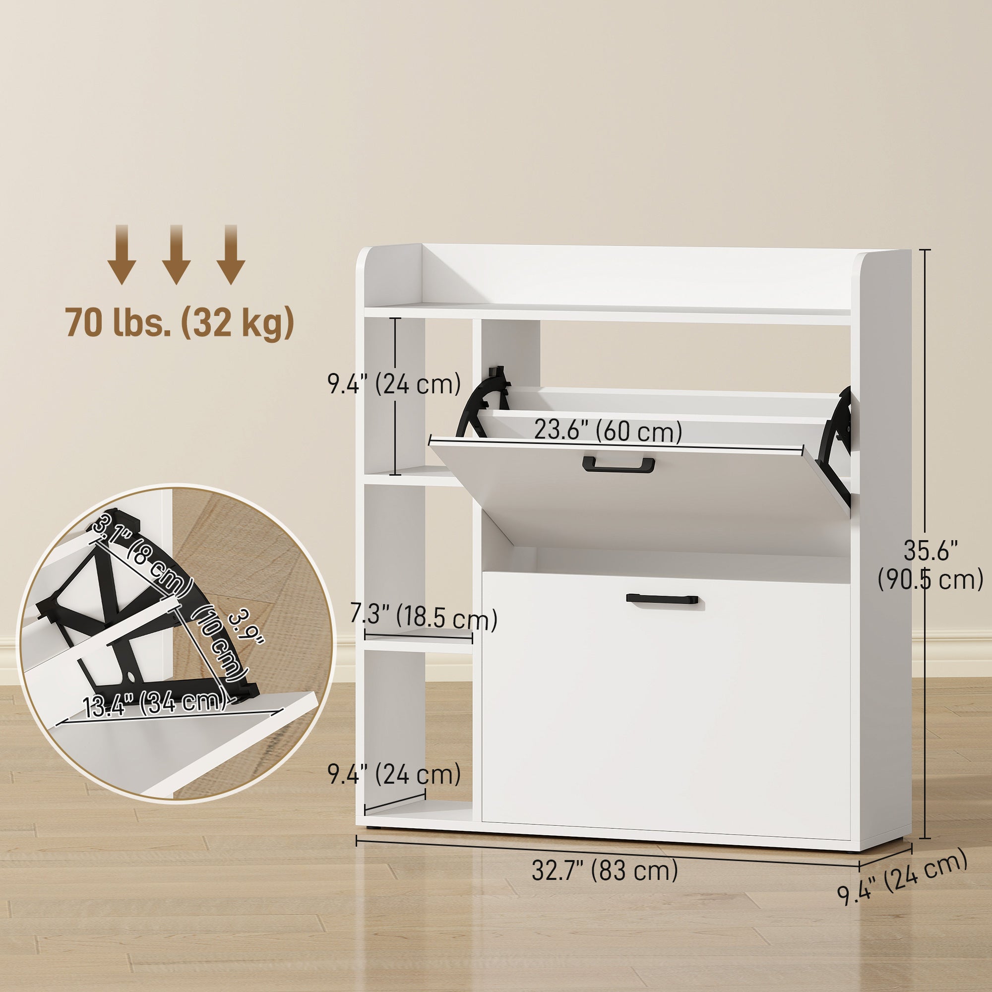 Slim Shoe Cabinet - White 2 Flip Drawers 3 Side Shelves-Home Furnishings > Storage & Organization > Shoe Storage Cabinets & Racks-DECOROLALA