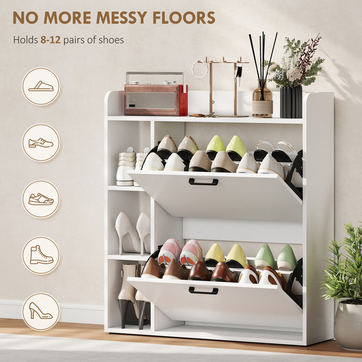 Slim Shoe Cabinet - White 2 Flip Drawers 3 Side Shelves-Home Furnishings > Storage & Organization > Shoe Storage Cabinets & Racks-DECOROLALA