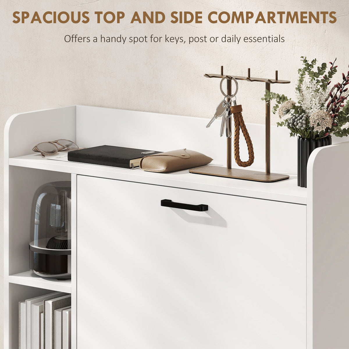 Slim Shoe Cabinet - White 2 Flip Drawers 3 Side Shelves-Home Furnishings > Storage & Organization > Shoe Storage Cabinets & Racks-DECOROLALA