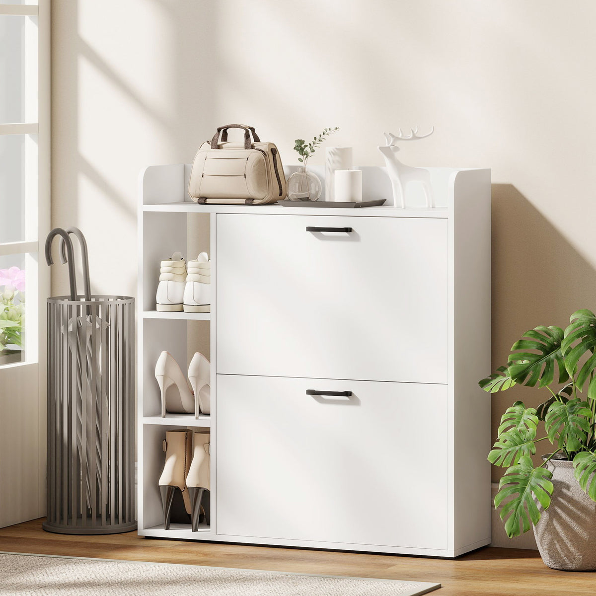 Slim Shoe Cabinet - White 2 Flip Drawers 3 Side Shelves-Home Furnishings > Storage & Organization > Shoe Storage Cabinets & Racks-DECOROLALA