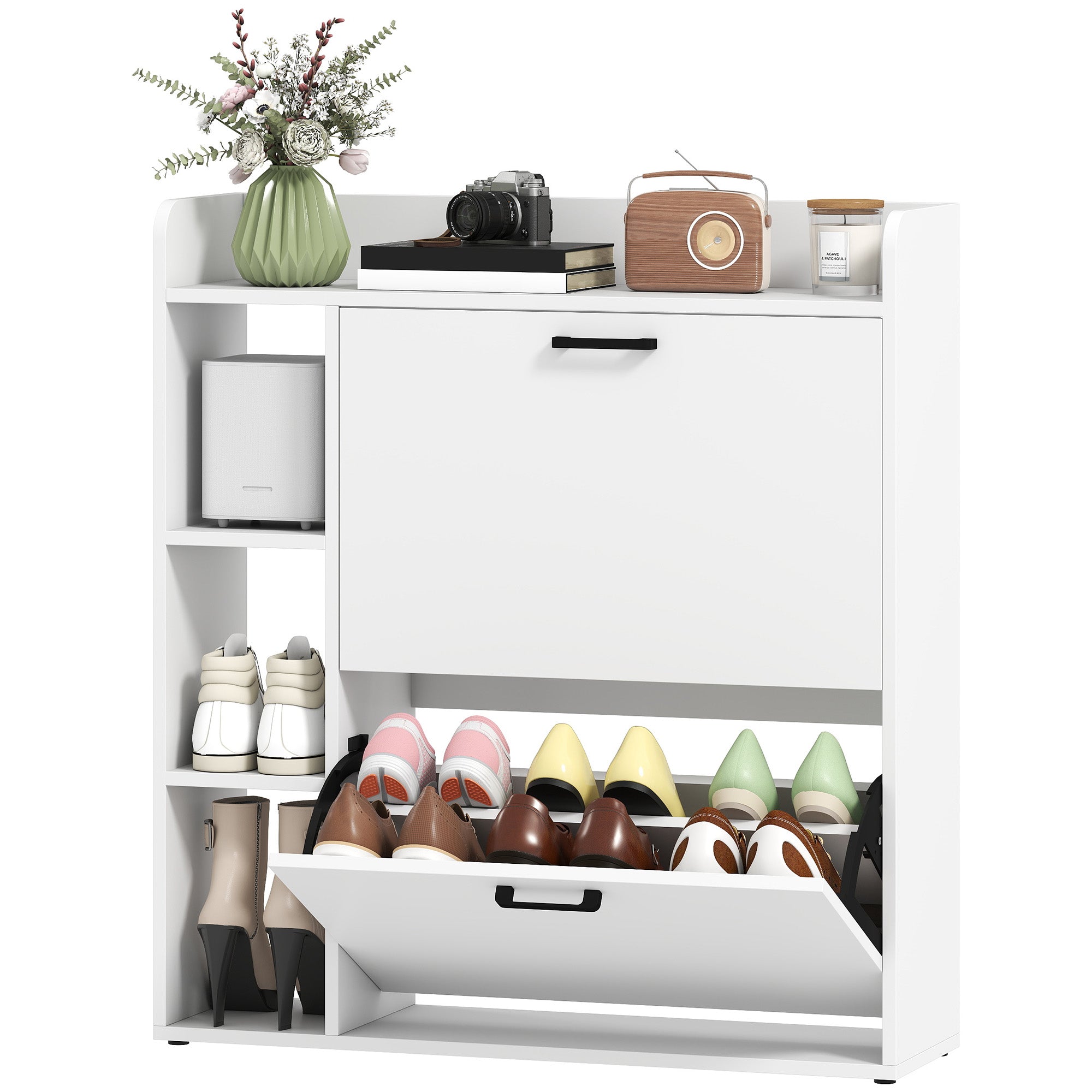Slim Shoe Cabinet - White 2 Flip Drawers 3 Side Shelves-Home Furnishings > Storage & Organization > Shoe Storage Cabinets & Racks-DECOROLALA
