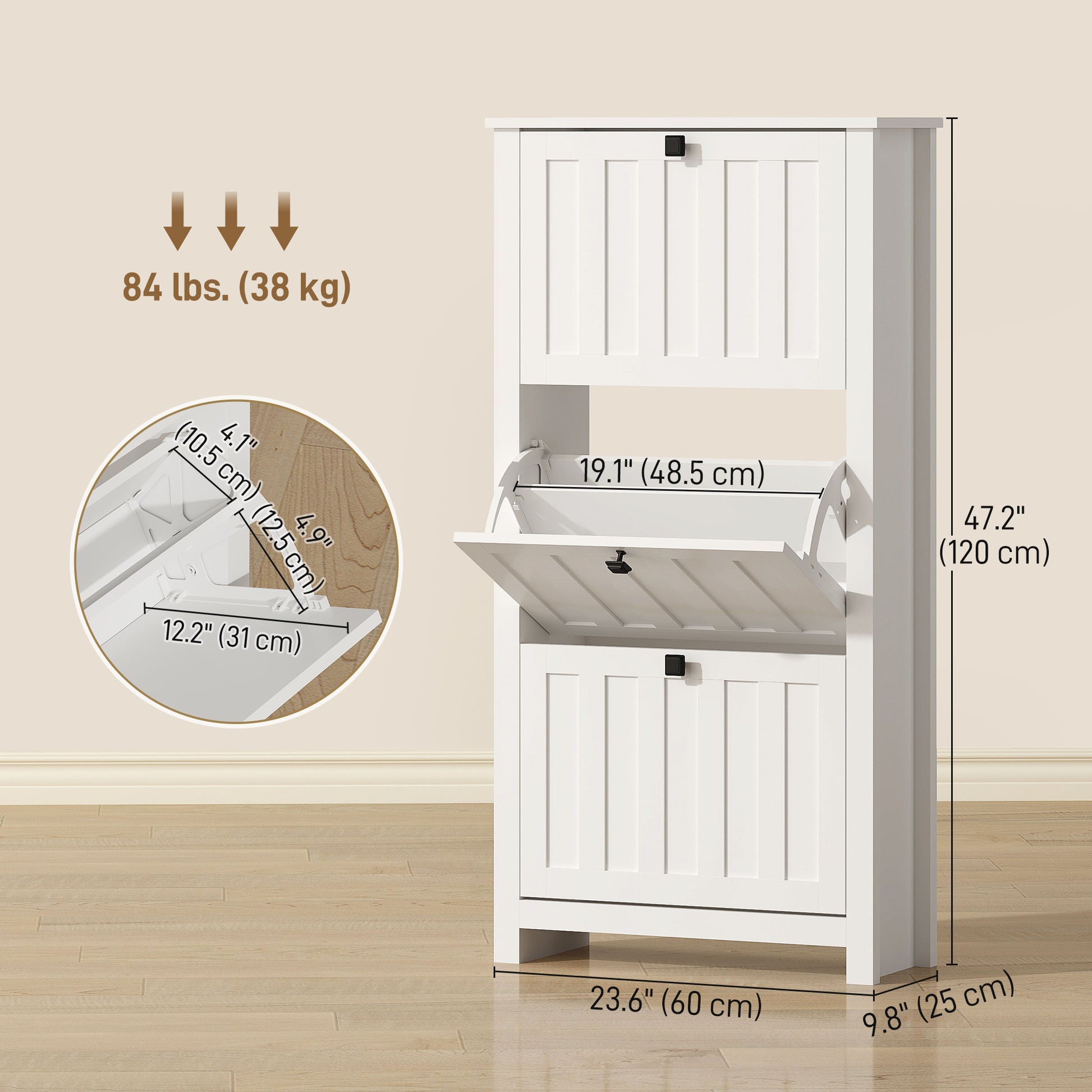 Slim Shoe Cabinet with 3 Flip Drawers, Shoe Storage Cabinet with Adjustable Shelves for Entryway, Holds 12 Pairs, White-Home Furnishings > Storage & Organization > Shoe Storage Cabinets & Racks-DECOROLALA