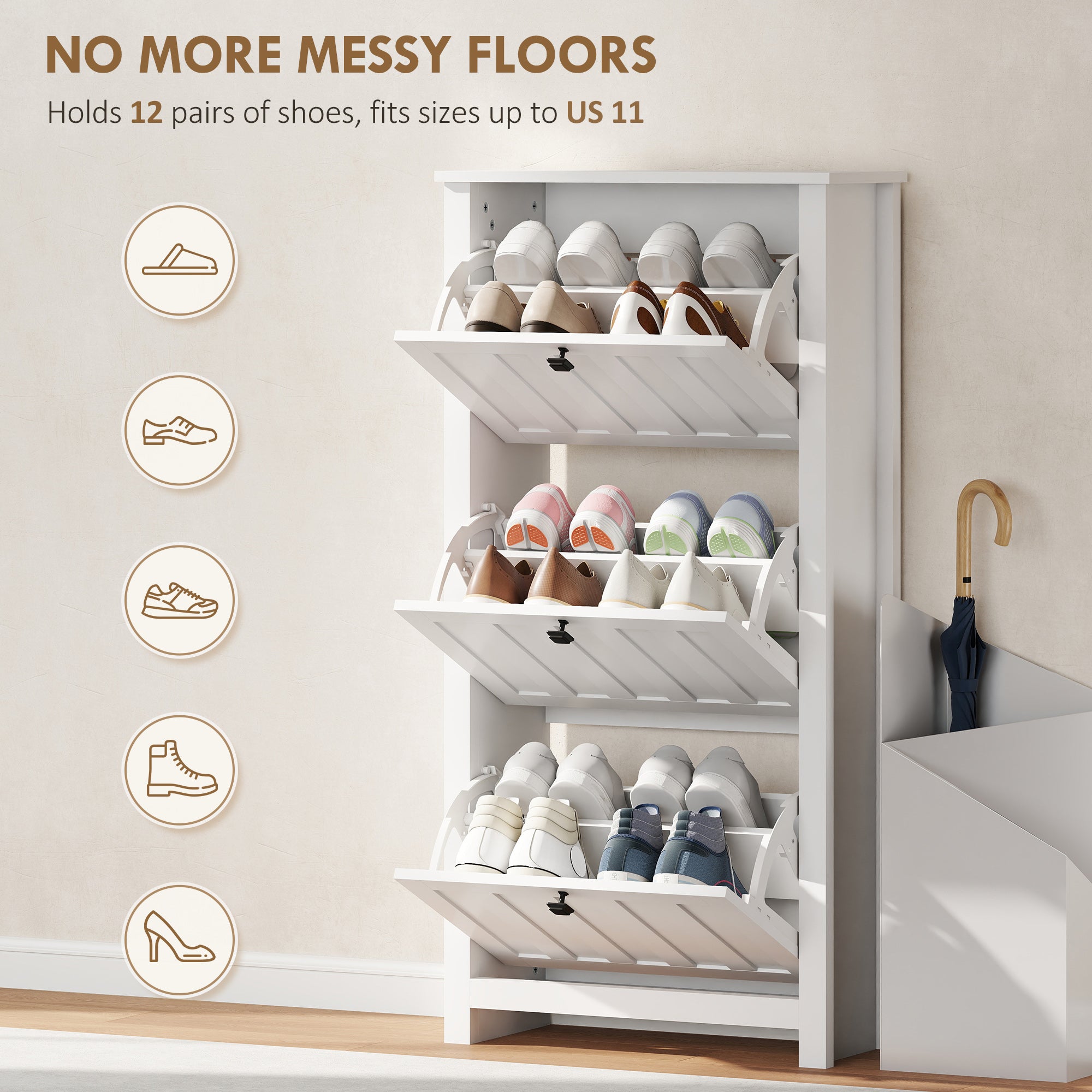 Slim Shoe Cabinet with 3 Flip Drawers, Shoe Storage Cabinet with Adjustable Shelves for Entryway, Holds 12 Pairs, White-Home Furnishings > Storage & Organization > Shoe Storage Cabinets & Racks-DECOROLALA