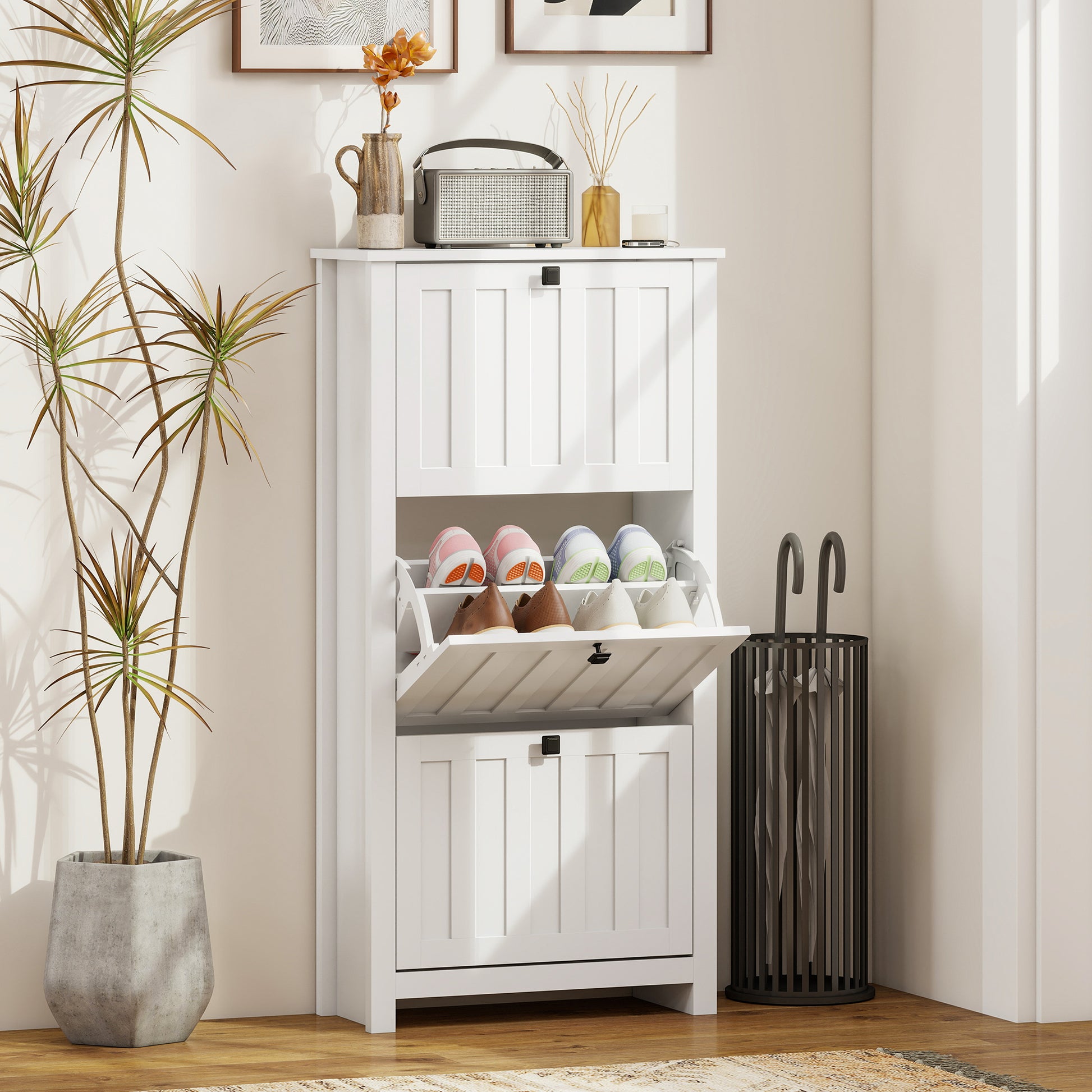 Slim Shoe Cabinet with 3 Flip Drawers, Shoe Storage Cabinet with Adjustable Shelves for Entryway, Holds 12 Pairs, White-Home Furnishings > Storage & Organization > Shoe Storage Cabinets & Racks-DECOROLALA