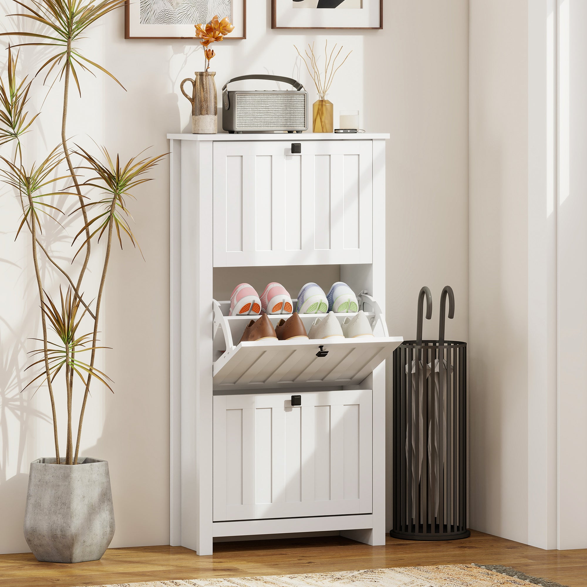 Slim Shoe Cabinet with 3 Flip Drawers, Shoe Storage Cabinet with Adjustable Shelves for Entryway, Holds 12 Pairs, White-Home Furnishings > Storage & Organization > Shoe Storage Cabinets & Racks-DECOROLALA