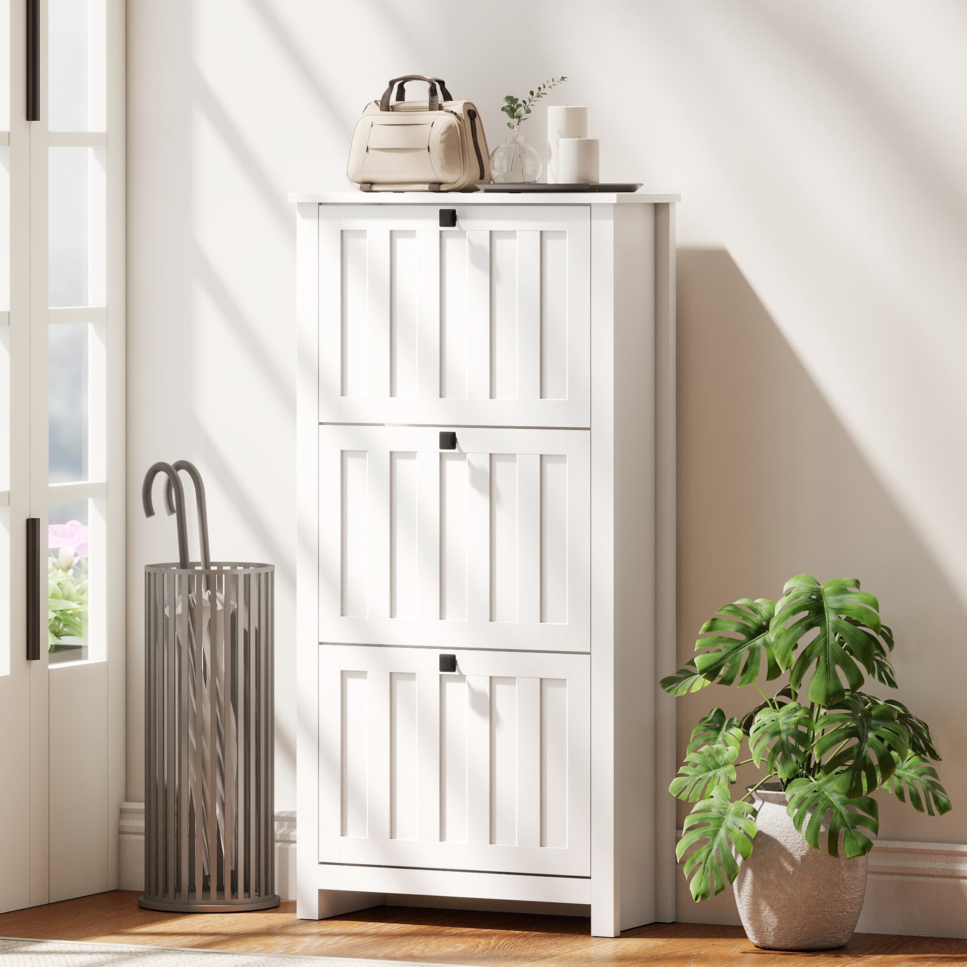 Slim Shoe Cabinet with 3 Flip Drawers, Shoe Storage Cabinet with Adjustable Shelves for Entryway, Holds 12 Pairs, White-Home Furnishings > Storage & Organization > Shoe Storage Cabinets & Racks-DECOROLALA