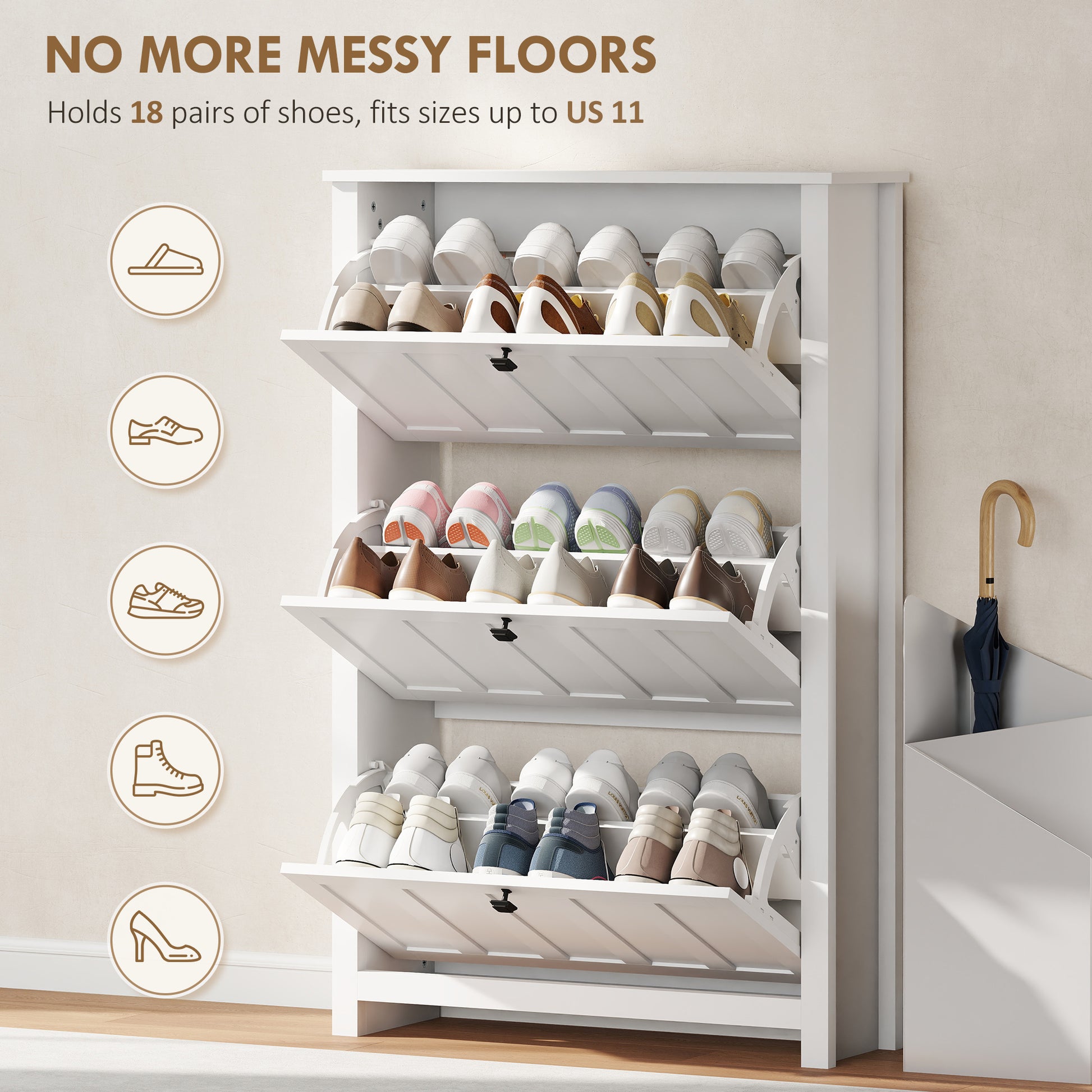 Slim Shoe Cabinet with 3 Flip Drawers, Shoe Storage Cabinet with Adjustable Shelves for Entryway, Holds 18 Pairs, White-Home Furnishings > Storage & Organization > Shoe Storage Cabinets & Racks-DECOROLALA