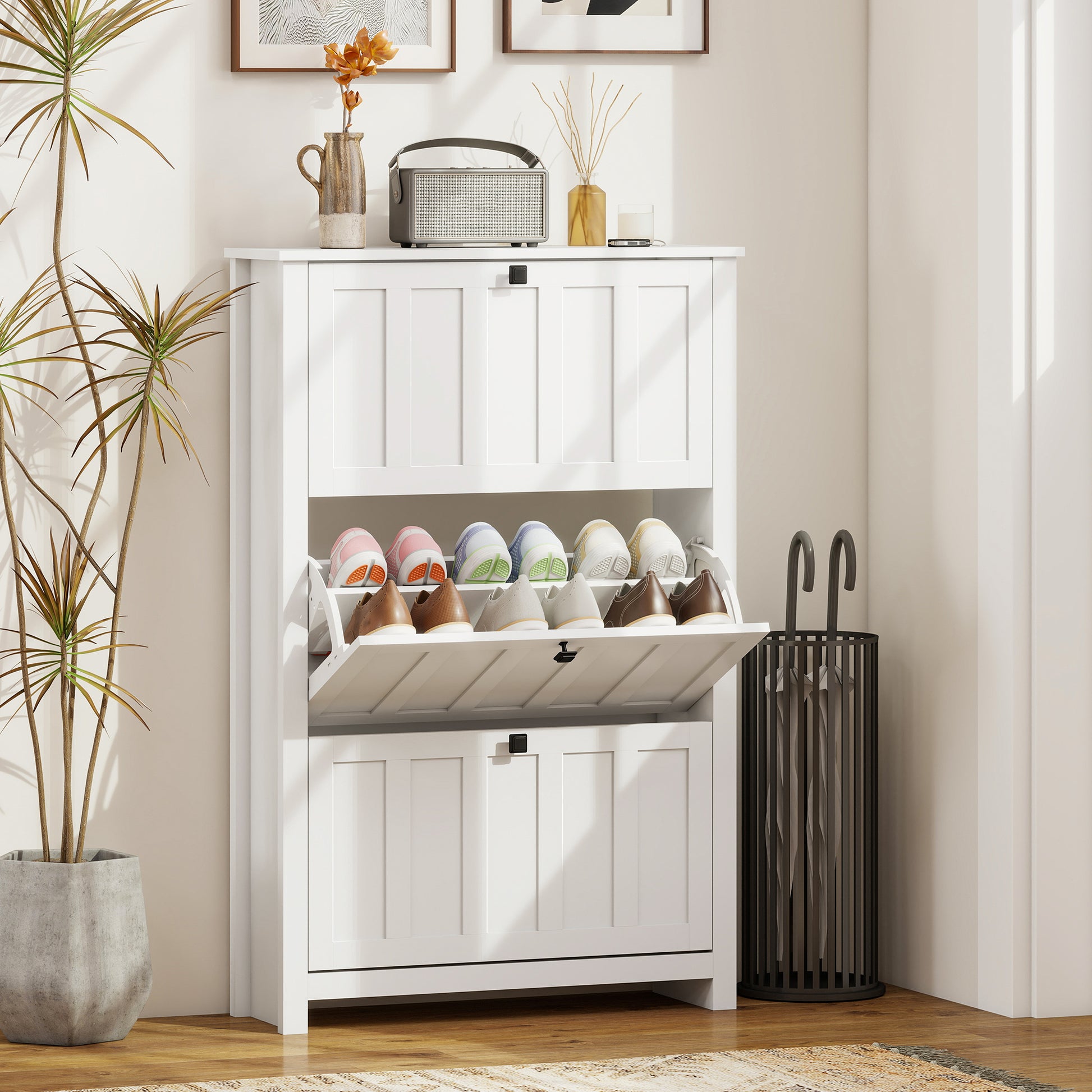 Slim Shoe Cabinet with 3 Flip Drawers, Shoe Storage Cabinet with Adjustable Shelves for Entryway, Holds 18 Pairs, White-Home Furnishings > Storage & Organization > Shoe Storage Cabinets & Racks-DECOROLALA