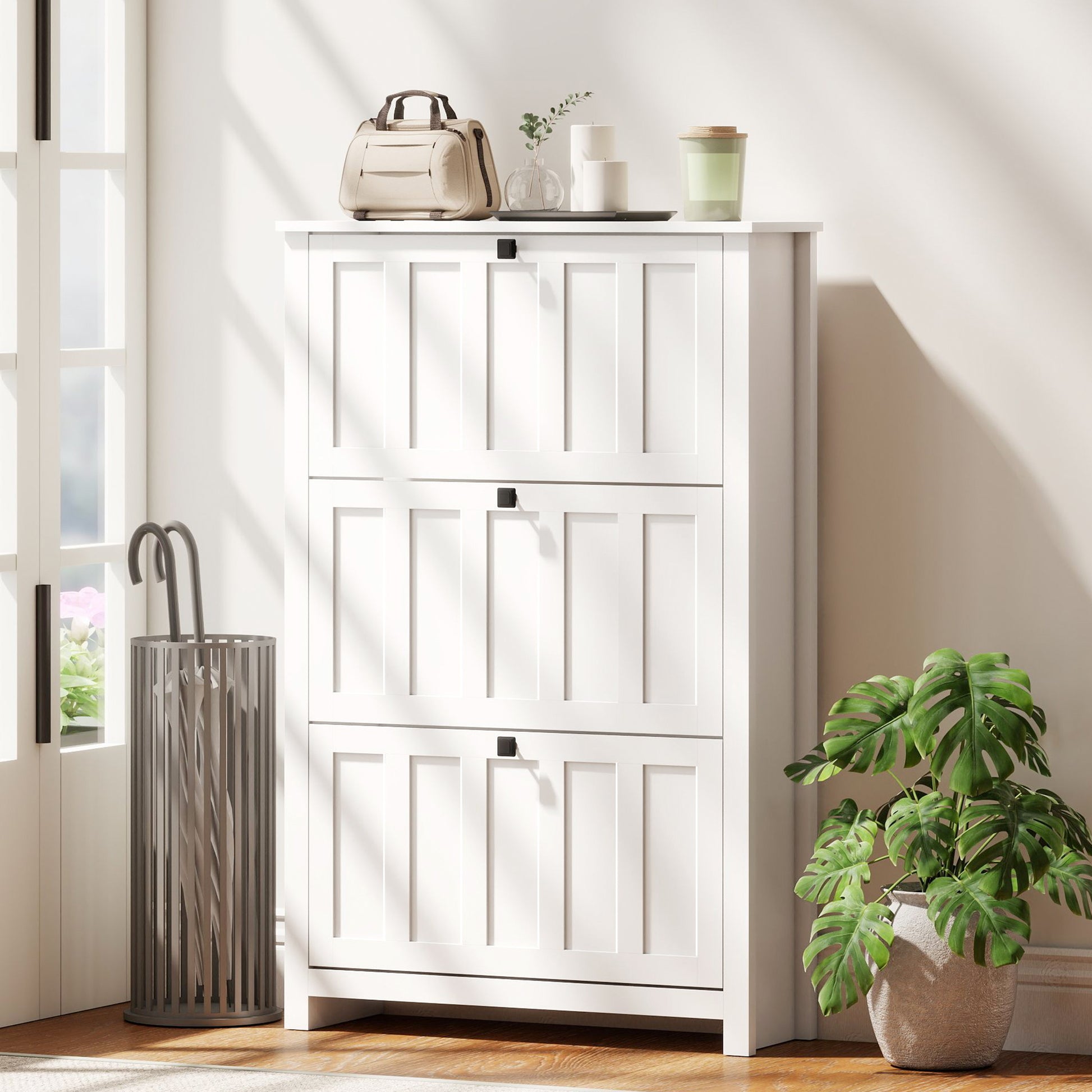 Slim Shoe Cabinet with 3 Flip Drawers, Shoe Storage Cabinet with Adjustable Shelves for Entryway, Holds 18 Pairs, White-Home Furnishings > Storage & Organization > Shoe Storage Cabinets & Racks-DECOROLALA