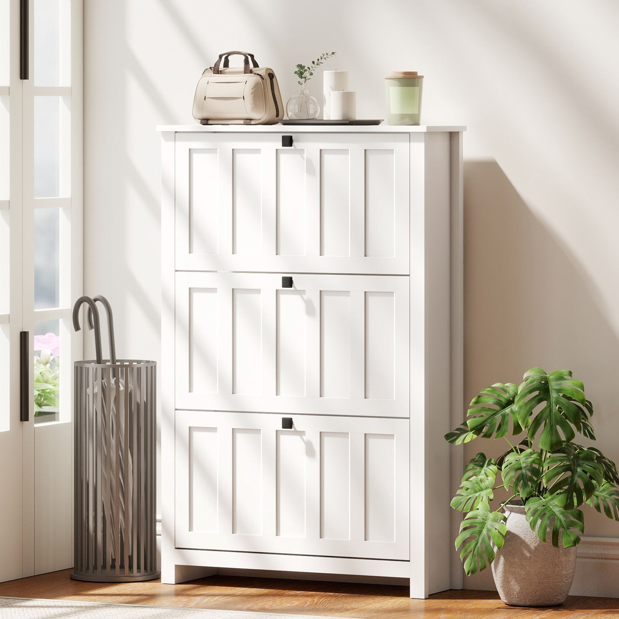 Slim Shoe Cabinet with 3 Flip Drawers, Shoe Storage Cabinet with Adjustable Shelves for Entryway, Holds 18 Pairs, White-Home Furnishings > Storage & Organization > Shoe Storage Cabinets & Racks-DECOROLALA