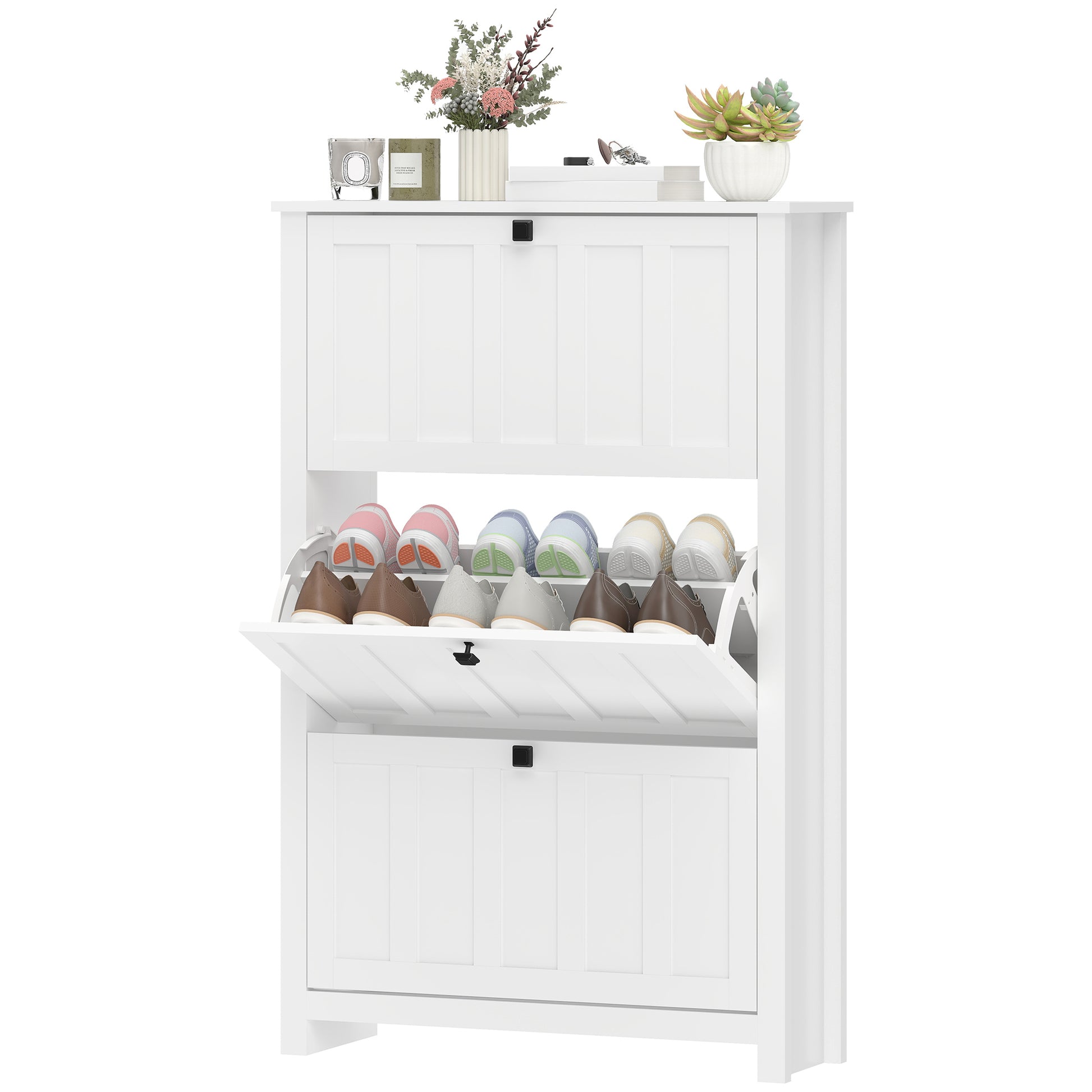 Slim Shoe Cabinet with 3 Flip Drawers, Shoe Storage Cabinet with Adjustable Shelves for Entryway, Holds 18 Pairs, White-Home Furnishings > Storage & Organization > Shoe Storage Cabinets & Racks-DECOROLALA