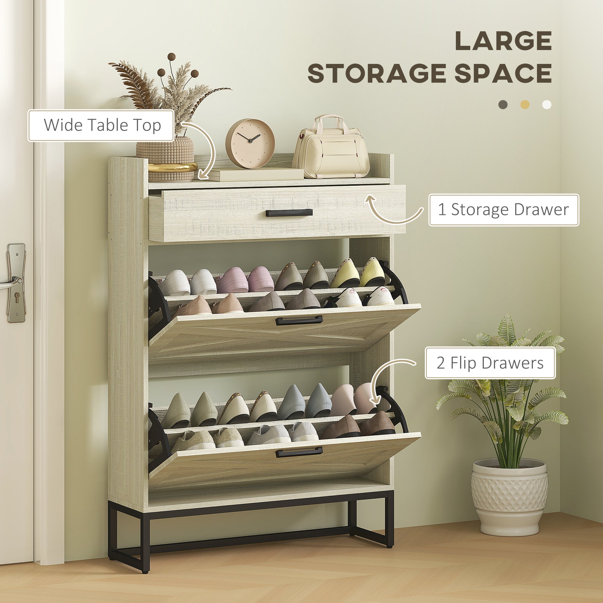Slim Shoe Storage with 2 Flip Drawers and Adjustable Shelves Shoe Cabinet Organizer for 12 Pair, Distressed White-Home Furnishings > Storage & Organization > Shoe Storage Cabinets & Racks-DECOROLALA