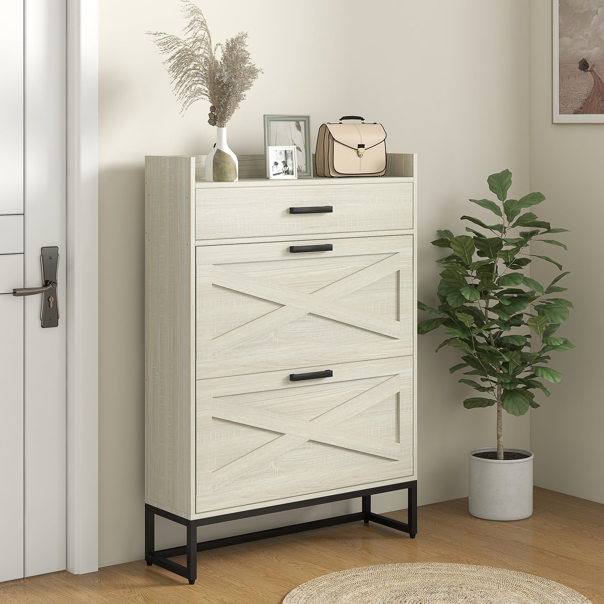 Slim Shoe Storage with 2 Flip Drawers and Adjustable Shelves Shoe Cabinet Organizer for 12 Pair, Distressed White-Home Furnishings > Storage & Organization > Shoe Storage Cabinets & Racks-DECOROLALA