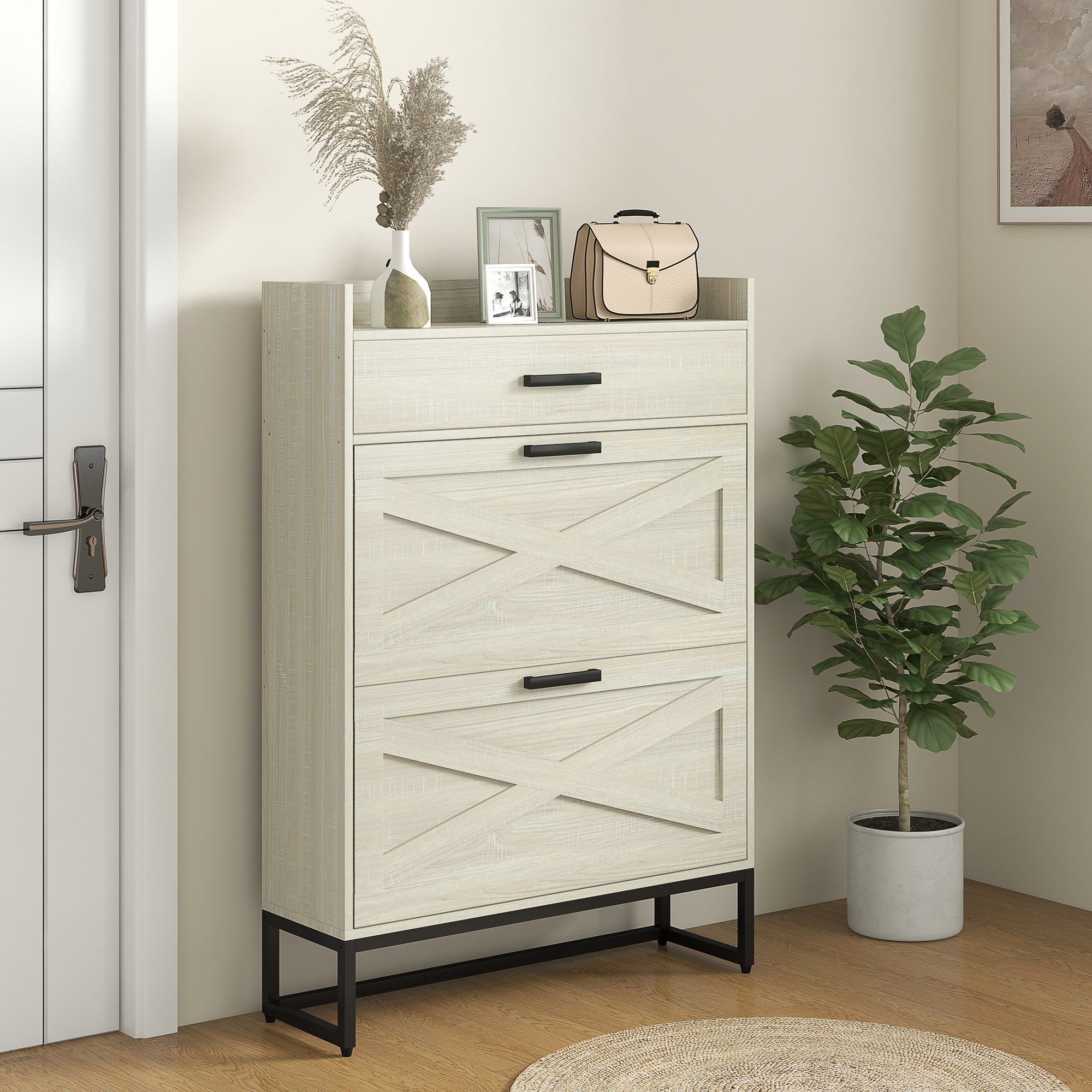 Slim Shoe Storage with 2 Flip Drawers and Adjustable Shelves Shoe Cabinet Organizer for 12 Pair, Distressed White-Home Furnishings > Storage & Organization > Shoe Storage Cabinets & Racks-DECOROLALA