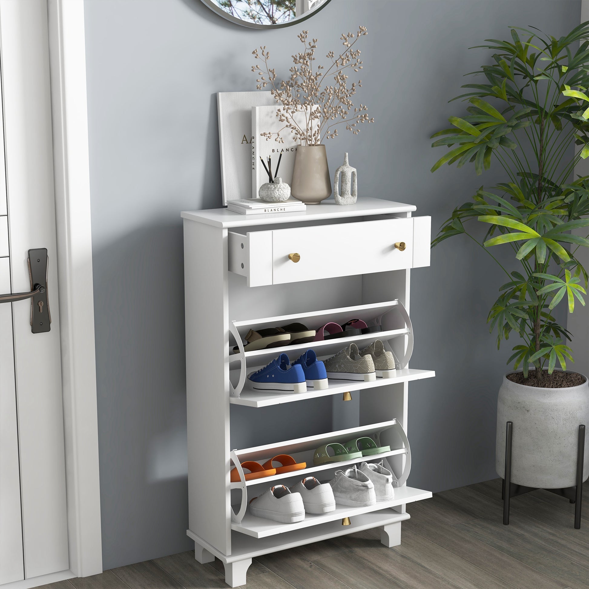 Slim Shoe Storage with 2 Flip Drawers and Adjustable Shelves Shoe Cabinet Organizer for 8 Pair, White-Home Furnishings > Storage & Organization > Shoe Storage Cabinets & Racks-DECOROLALA