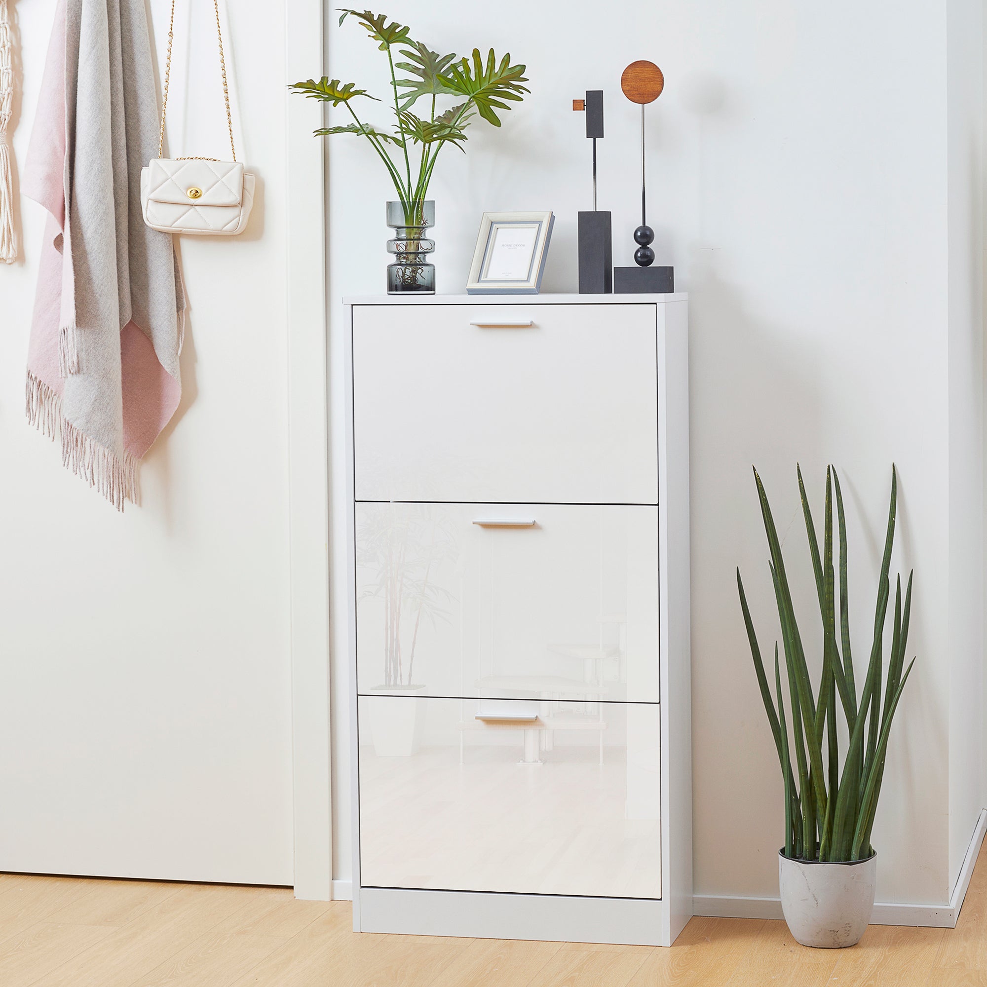 Slim Shoe Storage with 3 Flip Drawers and Adjustable Shelves Shoe Cabinet Organizer for 15 Pair, High Gloss White-Home Furnishings > Storage & Organization > Shoe Storage Cabinets & Racks-DECOROLALA