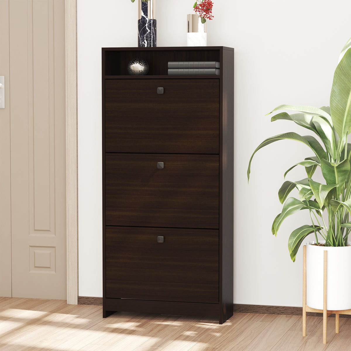Slim Shoe Storage Cabinet - 3 Flip Drawers Coffee-Shoe Storage Cabinets-DECOROLALA