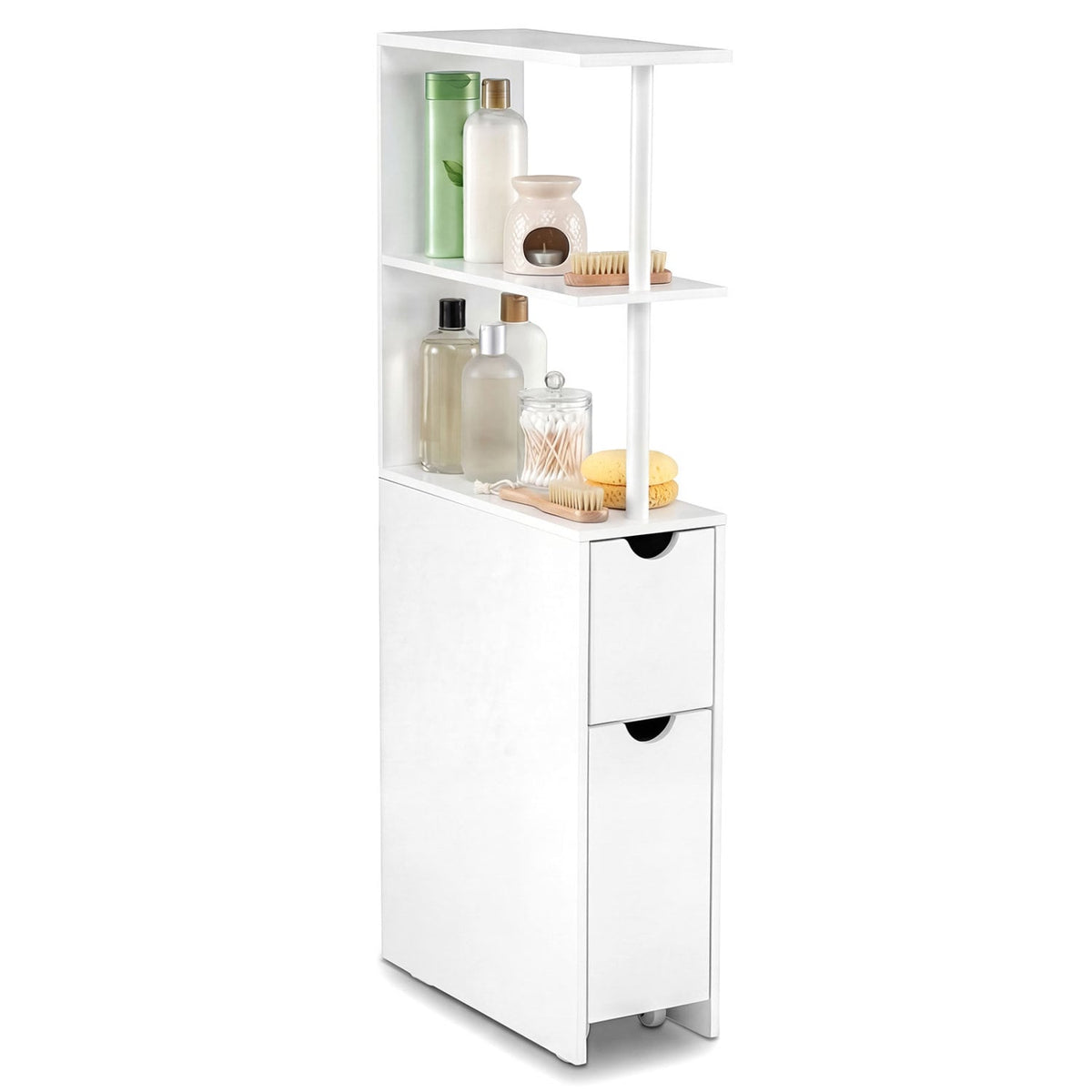 Slim Storage Bathroom Cabinet - White 45" Rolling MDF Tower-Floor Cabinets-DECOROLALA