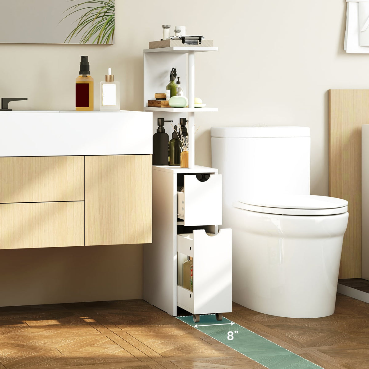 Slim Storage Bathroom Cabinet - White 45" Rolling MDF Tower-Floor Cabinets-DECOROLALA