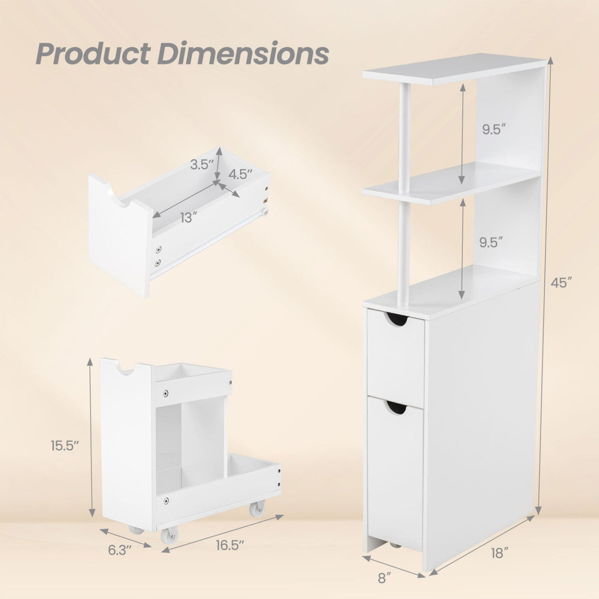 Slim Storage Bathroom Cabinet - White 45" Rolling MDF Tower-Floor Cabinets-DECOROLALA