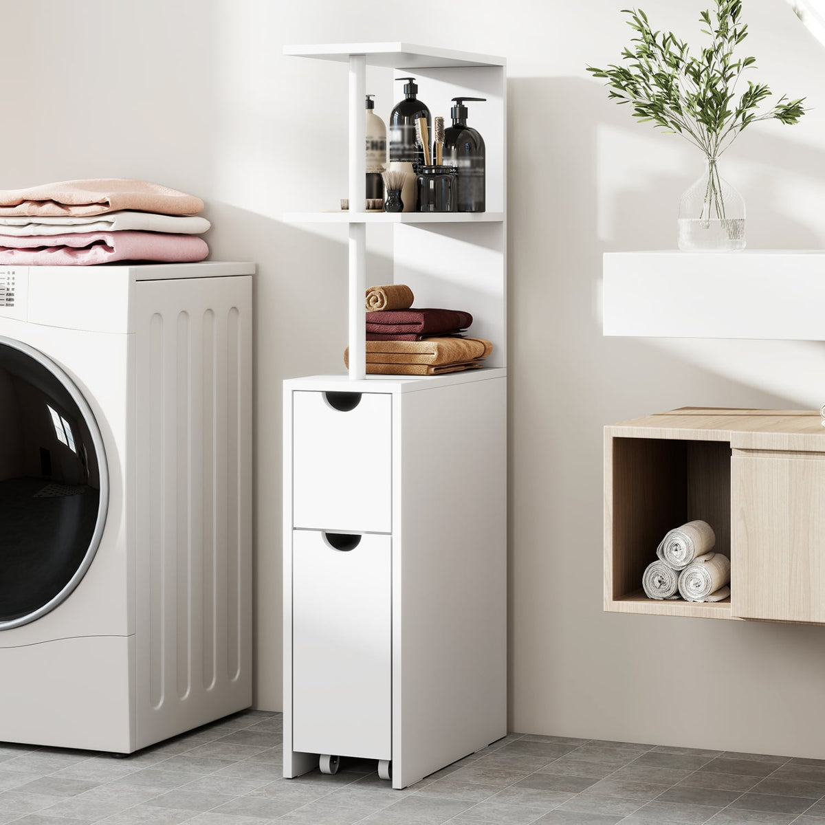 Slim Storage Bathroom Cabinet - White 45" Rolling MDF Tower-Floor Cabinets-DECOROLALA