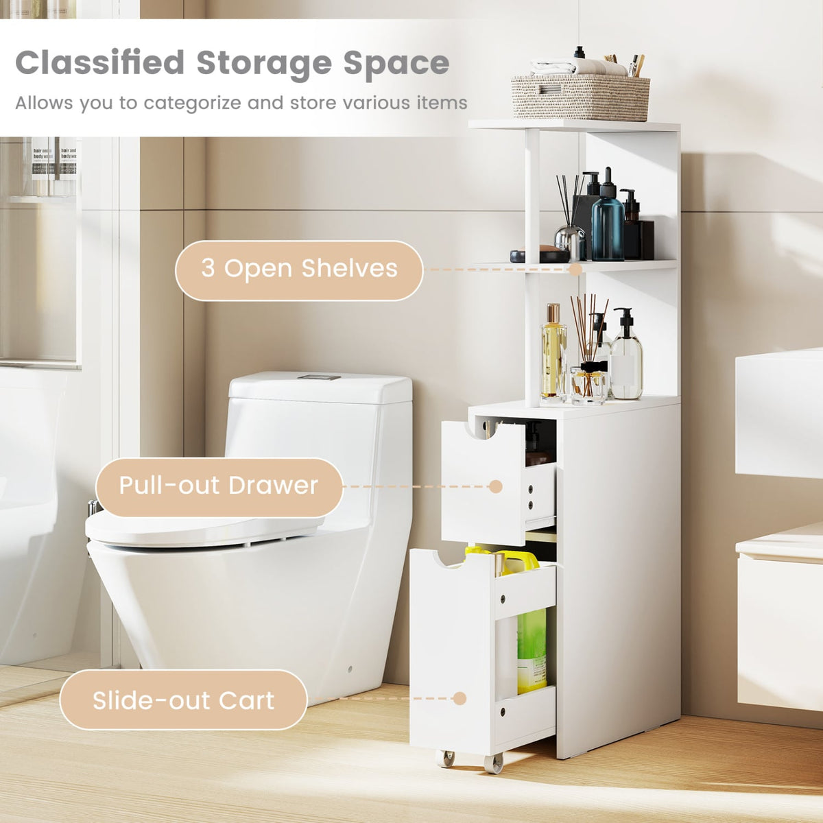 Slim Storage Bathroom Cabinet - White 45" Rolling MDF Tower-Floor Cabinets-DECOROLALA