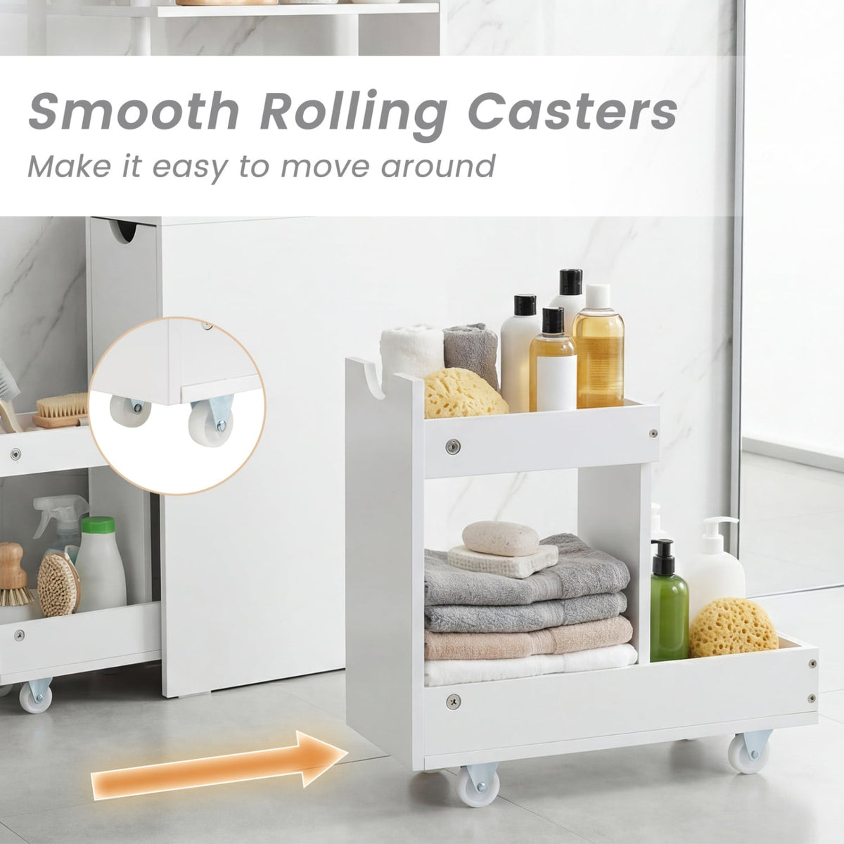 Slim Storage Bathroom Cabinet - White 45" Rolling MDF Tower-Floor Cabinets-DECOROLALA
