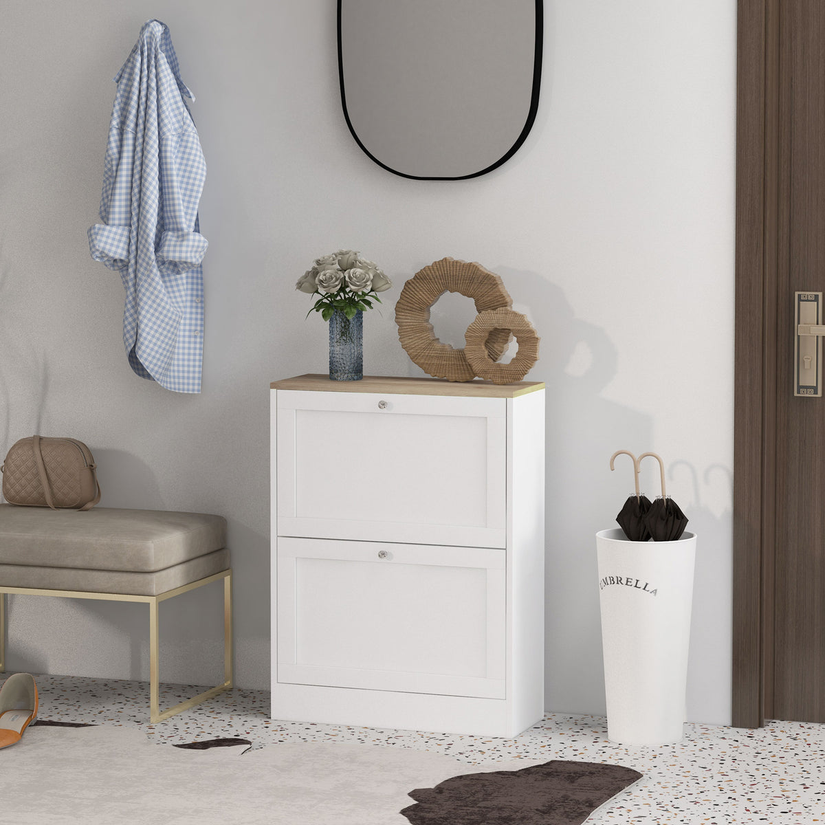 Slim White Shoe Cabinet - 2 Flip Drawers for 8-12 Pairs-Home Furnishings > Storage & Organization > Shoe Storage Cabinets & Racks-DECOROLALA