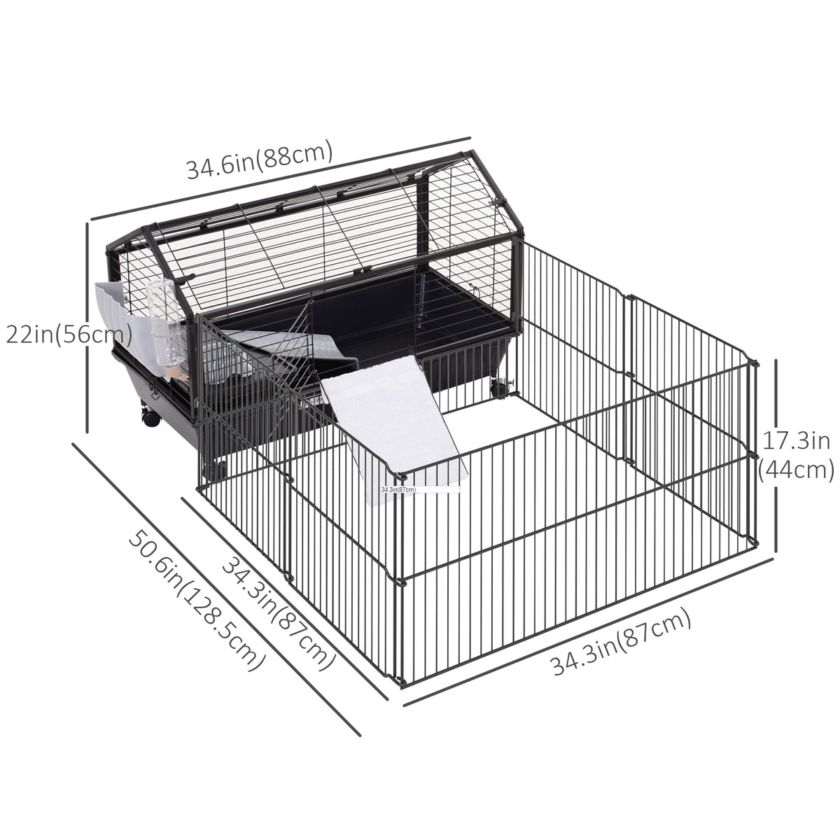 Small Animal Cage with Detachable Playpen - Black 51" x 35"-Small Animals-DECOROLALA