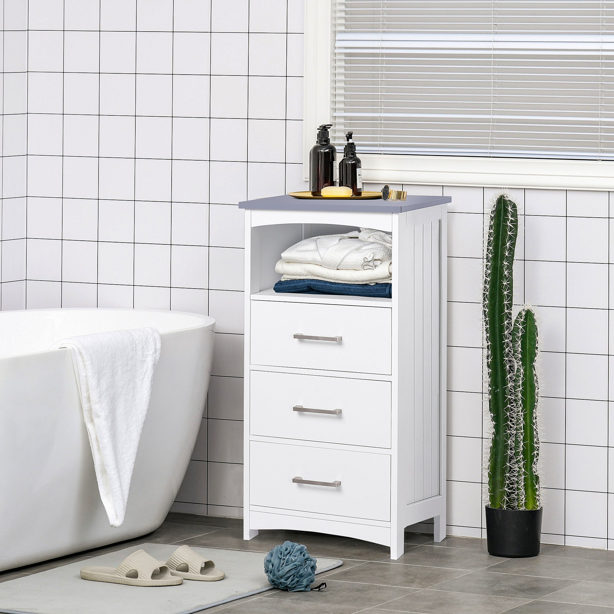 Small Bathroom Storage Cabinet, Floor Cabinet with 3 Drawers and Open Component, Narrow Bathroom Cabinet, White-Home Furnishings > Bedding & Bath > Bathroom Cabinets > Freestanding Bathroom Cabinets-DECOROLALA
