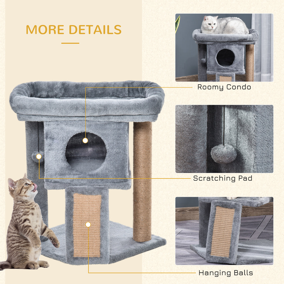 Small Cat Tree Tower with Perch, Condo and Scratching Post - Grey-Cats-DECOROLALA
