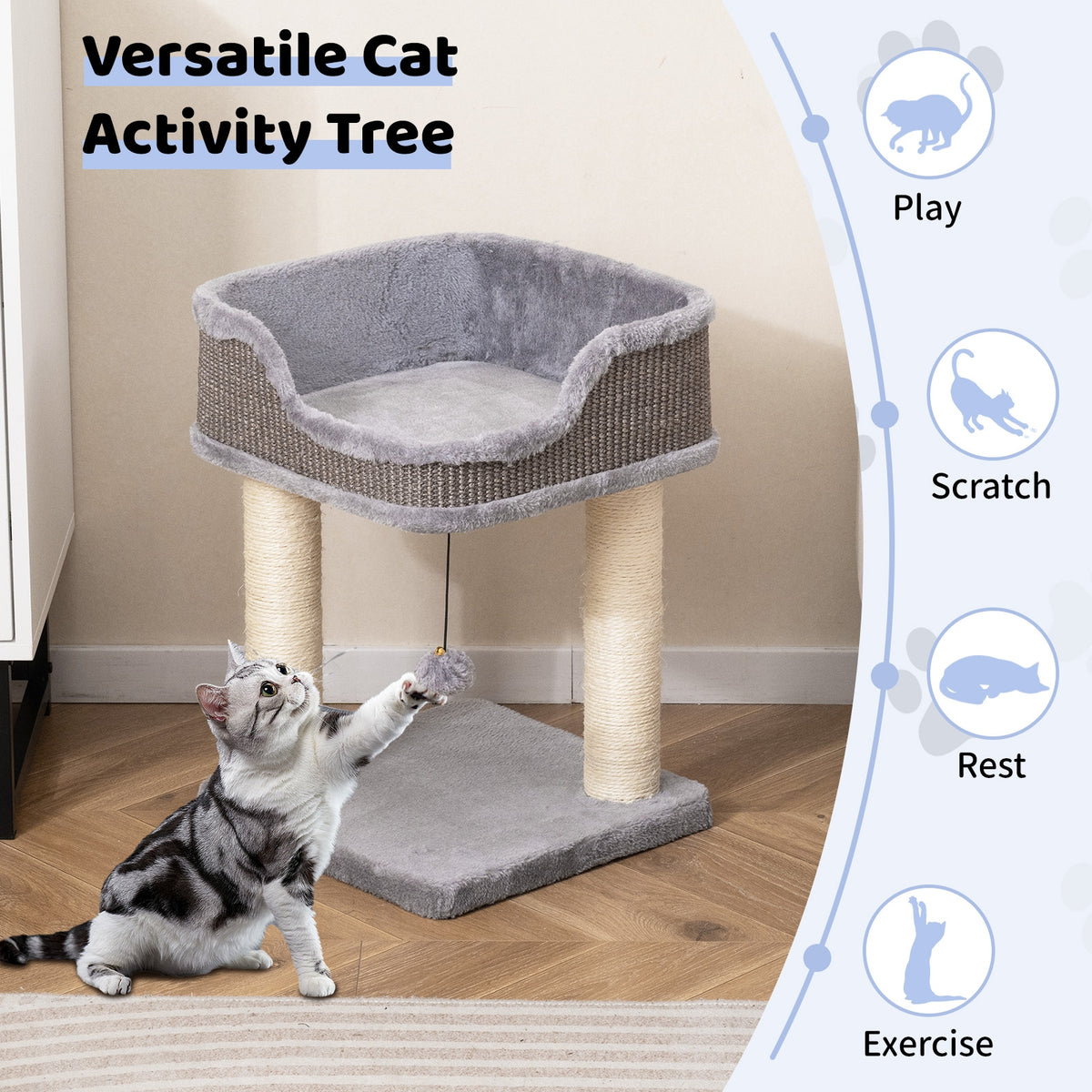 Small Cat Tree for Indoor Cats Kitty Tower with Comfy Plush Perch Sisal Scratching Posts-Gray-Cat Trees & Scratchers-DECOROLALA