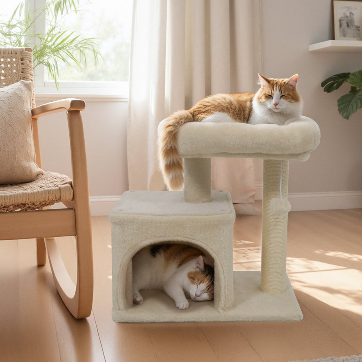 Small Cat Tree with Large Padded Plush Perch for Indoor Cats-Beige-Cat Trees & Scratchers-DECOROLALA