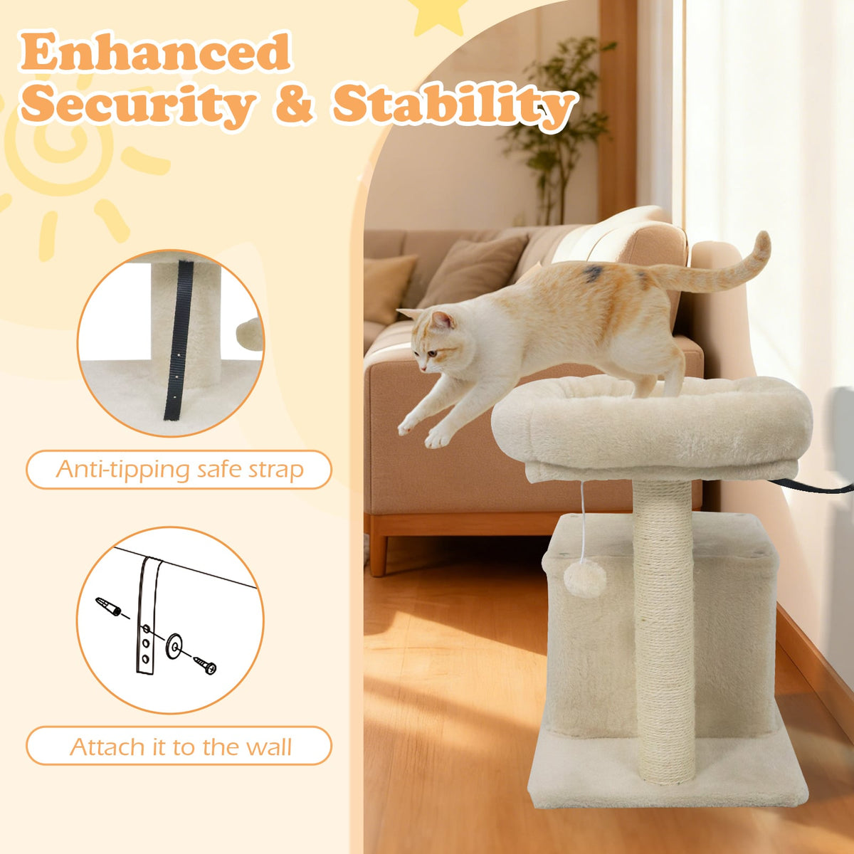 Small Cat Tree with Large Padded Plush Perch for Indoor Cats-Beige-Cat Trees & Scratchers-DECOROLALA
