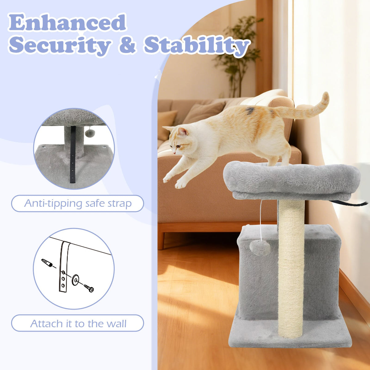 Small Cat Tree with Large Padded Plush Perch for Indoor Cats-Light Gray-Cat Trees & Scratchers-DECOROLALA