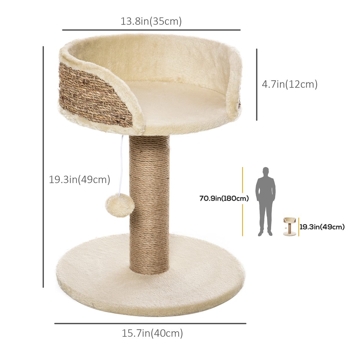 Small Cat Tree with Perch, Scratching Post & Toy - Beige 19"-Cats-DECOROLALA