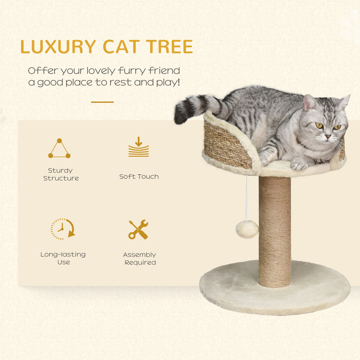 Small Cat Tree with Perch, Scratching Post & Toy - Beige 19"-Cats-DECOROLALA