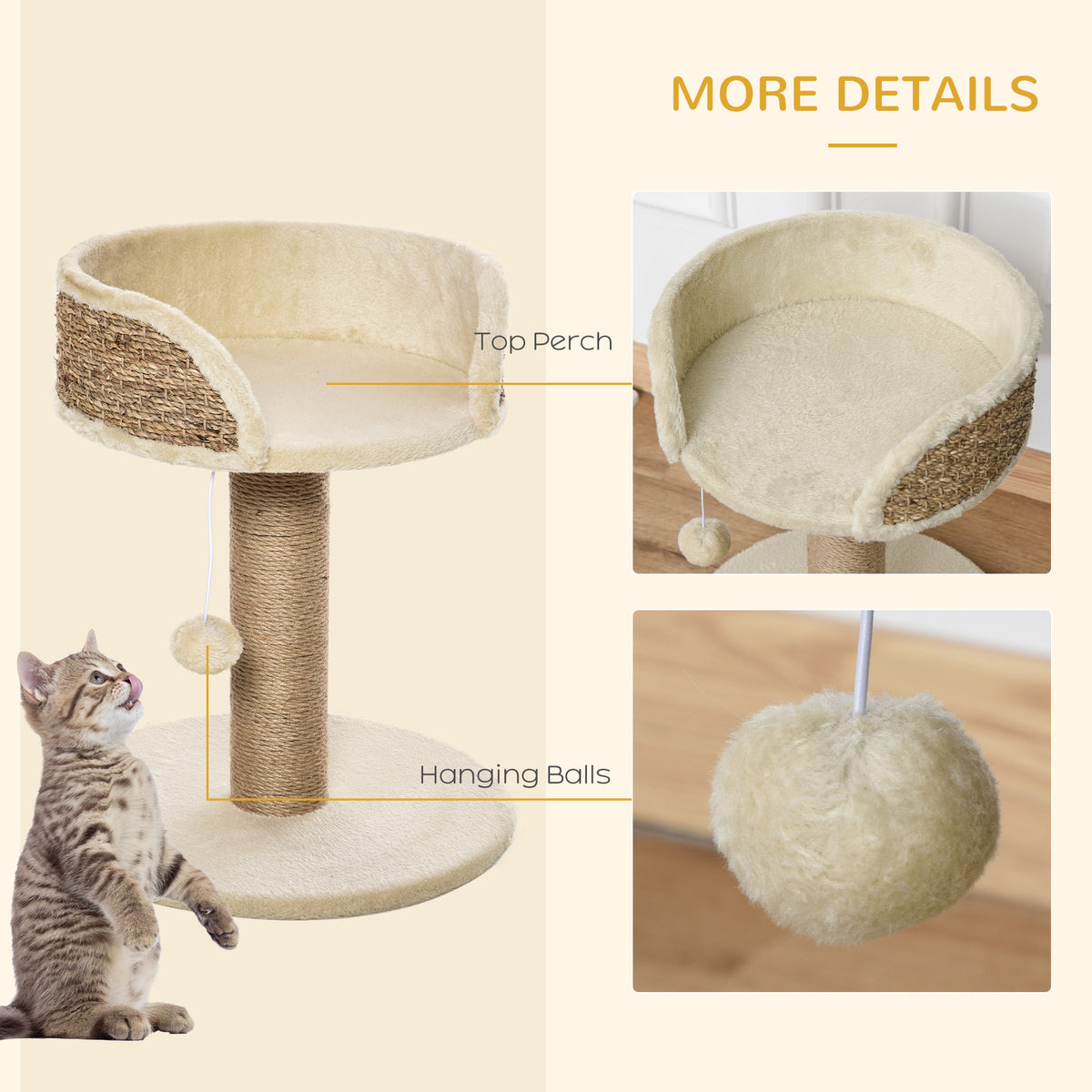 Small Cat Tree with Perch, Scratching Post & Toy - Beige 19"-Cats-DECOROLALA